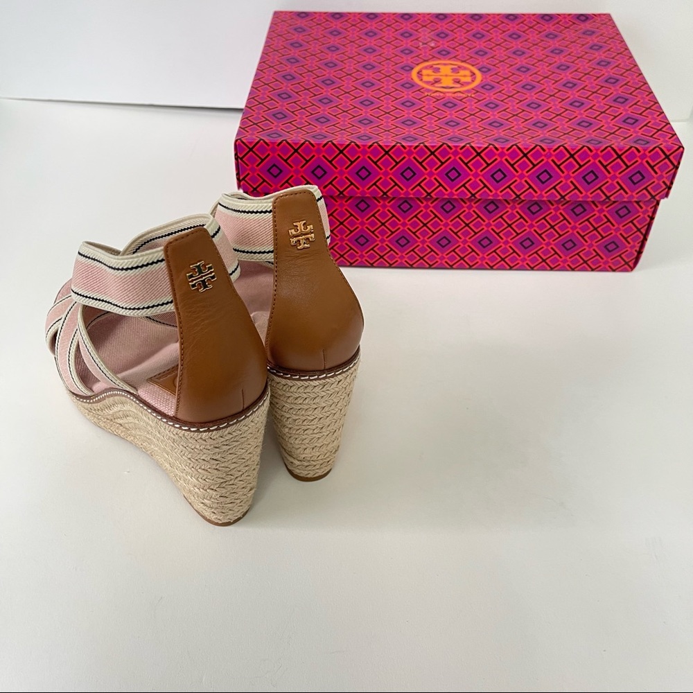 Tory Burch Frieda Espadrille -Stretch Webbing /Calf Leather &Strap Wedge Sandal - Picture 4 of 16
